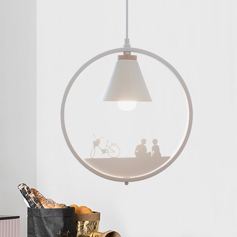 Iron Cone Shade Pendant Lamp Nordic 1 Bulb Black/White Hanging Light Fixture with Paper Cutting Decoration