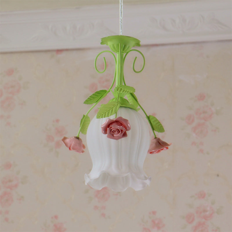Pink 1 Head Hanging Ceiling Light Rural Opal Glass Scallop Suspension Pendant with Flowers Deco