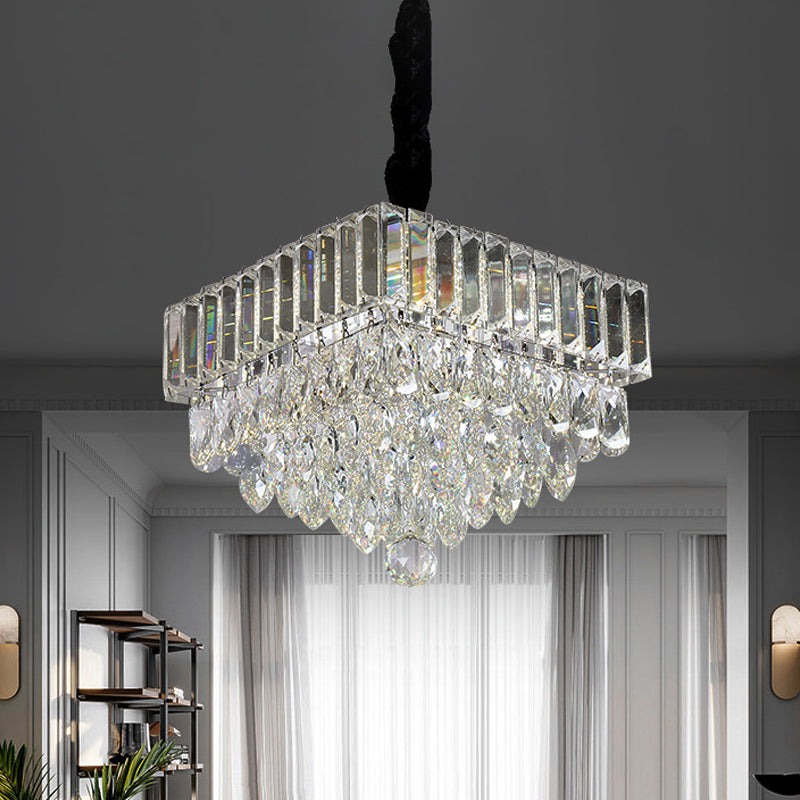 LED Clear Crystal Block Suspension Pendant Modern Black Tiered Square Dining Room Pendulum Light