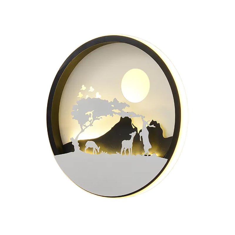 Metal Round Wall Lighting Idea Modernist LED Black Wall Lamp Sconce with Deer and Girl/Eagle/Windmill Design