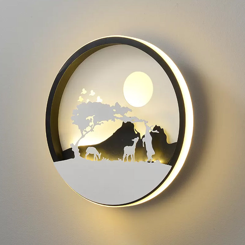 Metal Round Wall Lighting Idea Modernist LED Black Wall Lamp Sconce with Deer and Girl/Eagle/Windmill Design
