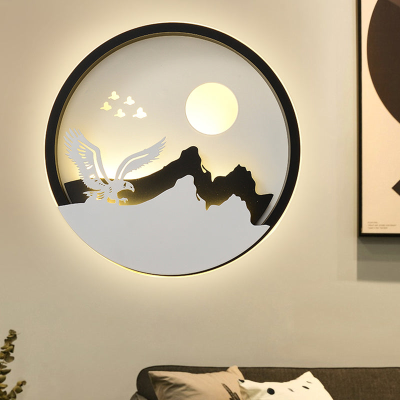 Metal Round Wall Lighting Idea Modernist LED Black Wall Lamp Sconce with Deer and Girl/Eagle/Windmill Design