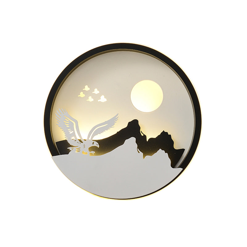 Metal Round Wall Lighting Idea Modernist LED Black Wall Lamp Sconce with Deer and Girl/Eagle/Windmill Design