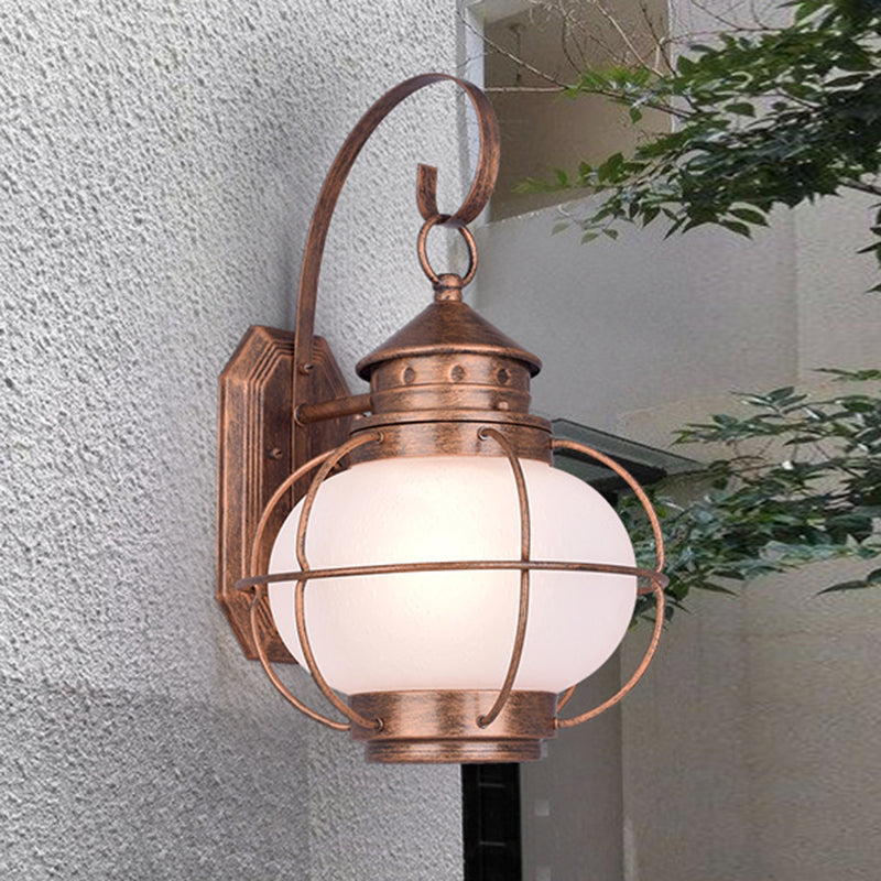 Coffee/Bronze Lantern Wall Light Retro White/Clear Glass 1 Head Outdoor Wall Lighting with Wire Cage