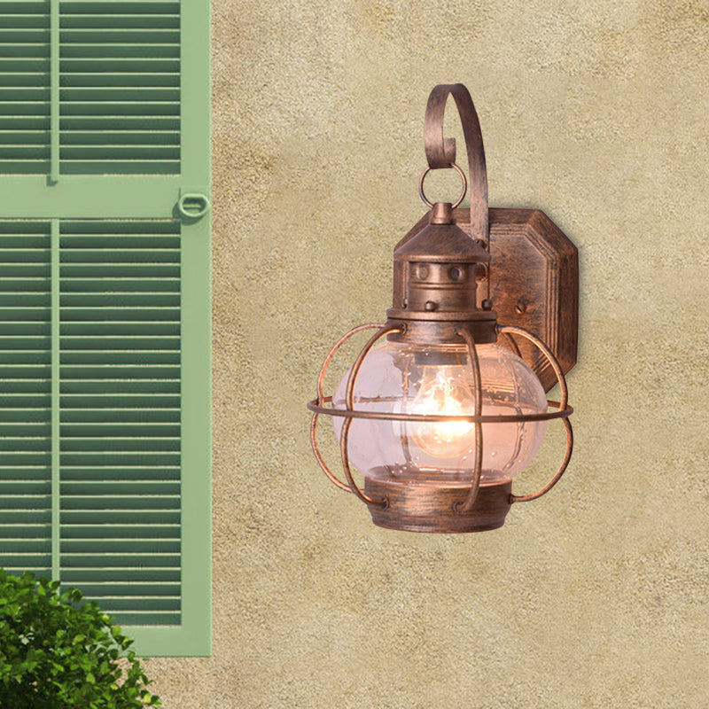 Coffee/Bronze Lantern Wall Light Retro White/Clear Glass 1 Head Outdoor Wall Lighting with Wire Cage