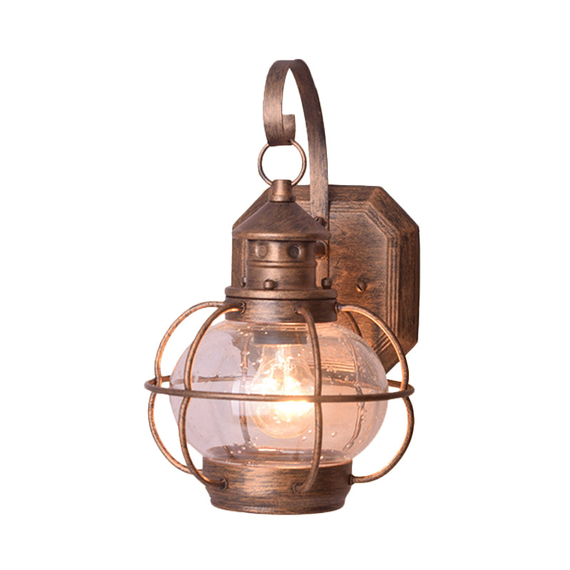 Coffee/Bronze Lantern Wall Light Retro White/Clear Glass 1 Head Outdoor Wall Lighting with Wire Cage