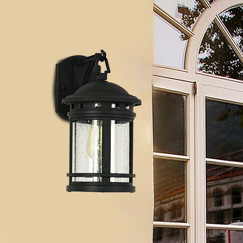 Clear Seeded Glass Lantern Sconce Rustic 1 Light Outdoor Wall Lighting with Metal Frame in Coffee/Black