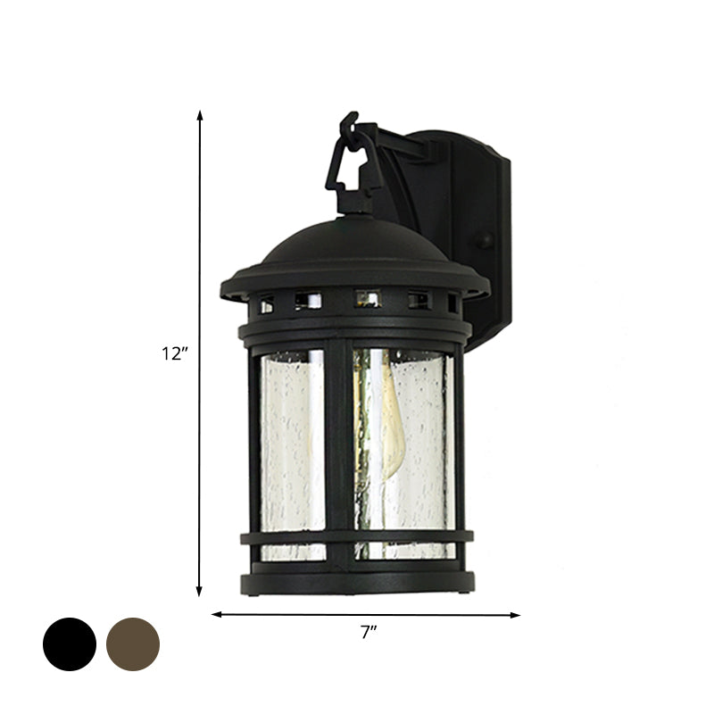 Clear Seeded Glass Lantern Sconce Rustic 1 Light Outdoor Wall Lighting with Metal Frame in Coffee/Black