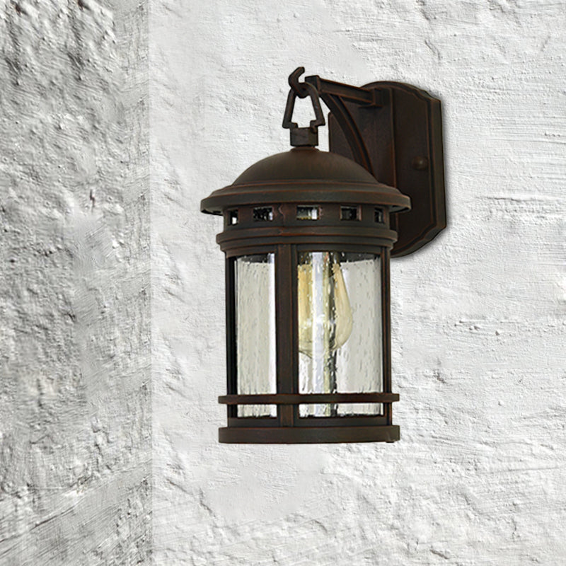Clear Seeded Glass Lantern Sconce Rustic 1 Light Outdoor Wall Lighting with Metal Frame in Coffee/Black