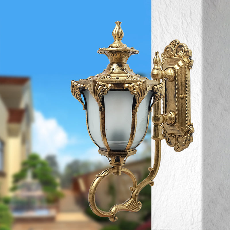 Scrolling Am Metal Wall Lamp Rustic 1 Bulb Outdoor Sconce with Opal Glass Shade in Brass/Coffee