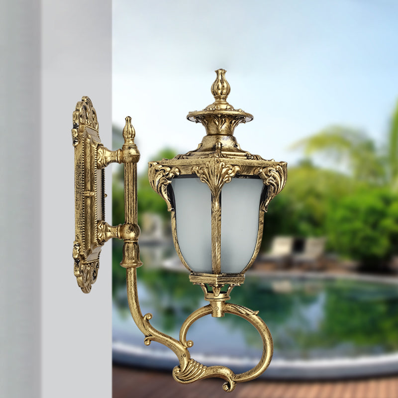 Scrolling Am Metal Wall Lamp Rustic 1 Bulb Outdoor Sconce with Opal Glass Shade in Brass/Coffee