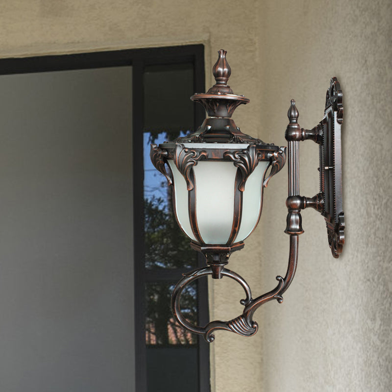 Scrolling Am Metal Wall Lamp Rustic 1 Bulb Outdoor Sconce with Opal Glass Shade in Brass/Coffee