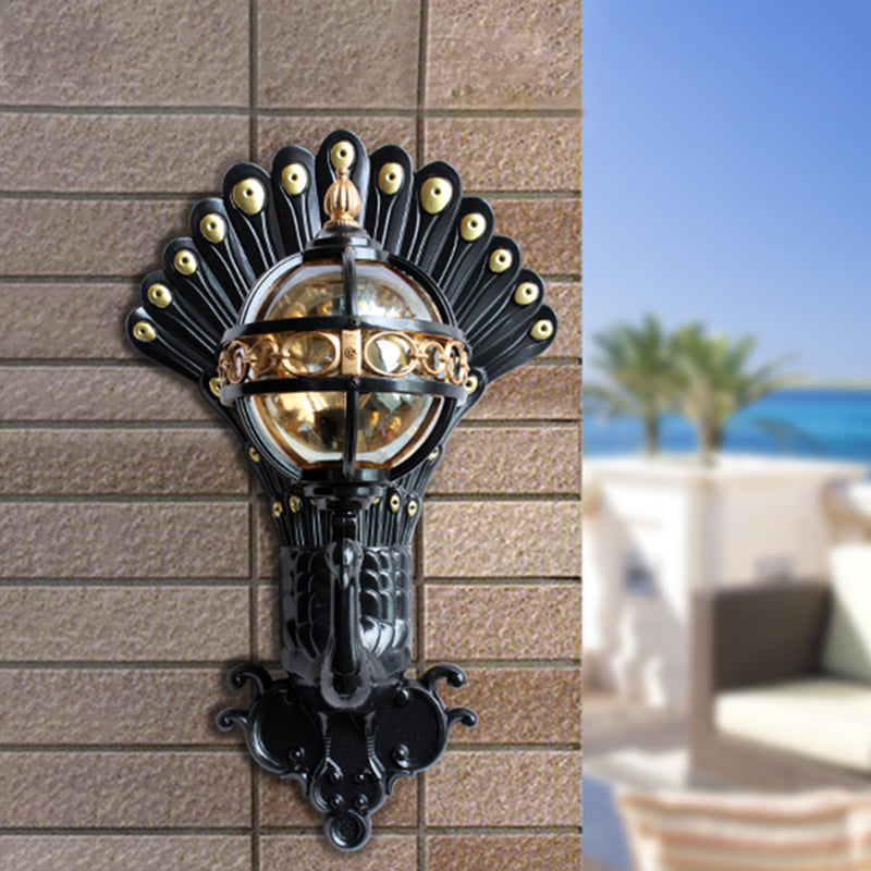 Amber Glass Ball Wall Lighting 1 Bulb Courtyard Wall Mounted Light in Black with Peacock Tail Backplate
