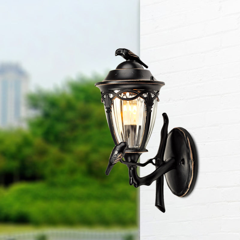 Clear Glass Urn Wall Sconce Countryside 1 Light Patio Wall Lighting in Black with Bird Decor
