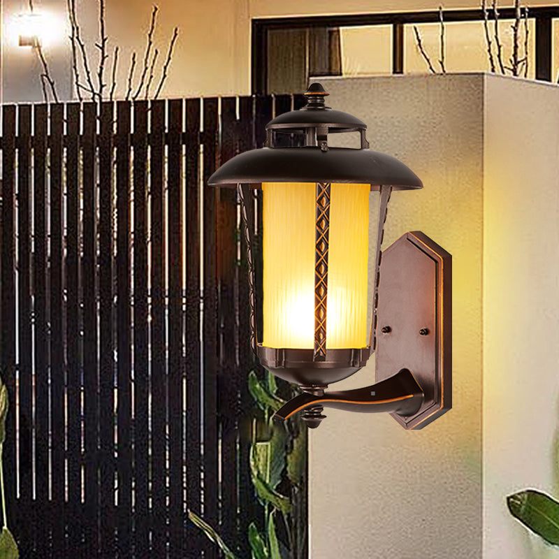 Rustic Style Lantern Wall Sconce Lamp 1-Bulb Opal Frosted Glass Wall Lighting Fixture in Dark Coffee