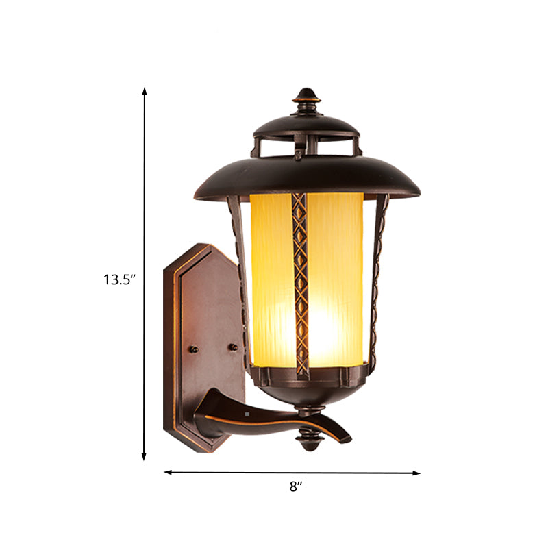 Rustic Style Lantern Wall Sconce Lamp 1-Bulb Opal Frosted Glass Wall Lighting Fixture in Dark Coffee