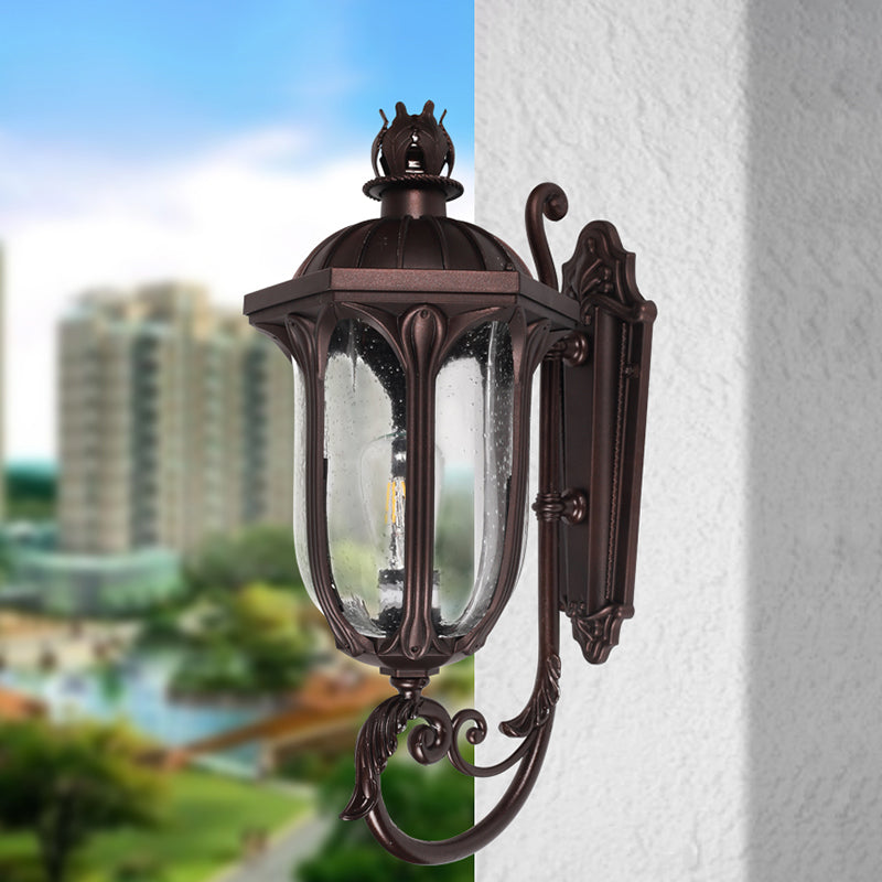 Swooping Arm Seedy Glass Sconce Lodge 1-Head Courtyard Wall Light Fixture in Dark Coffee