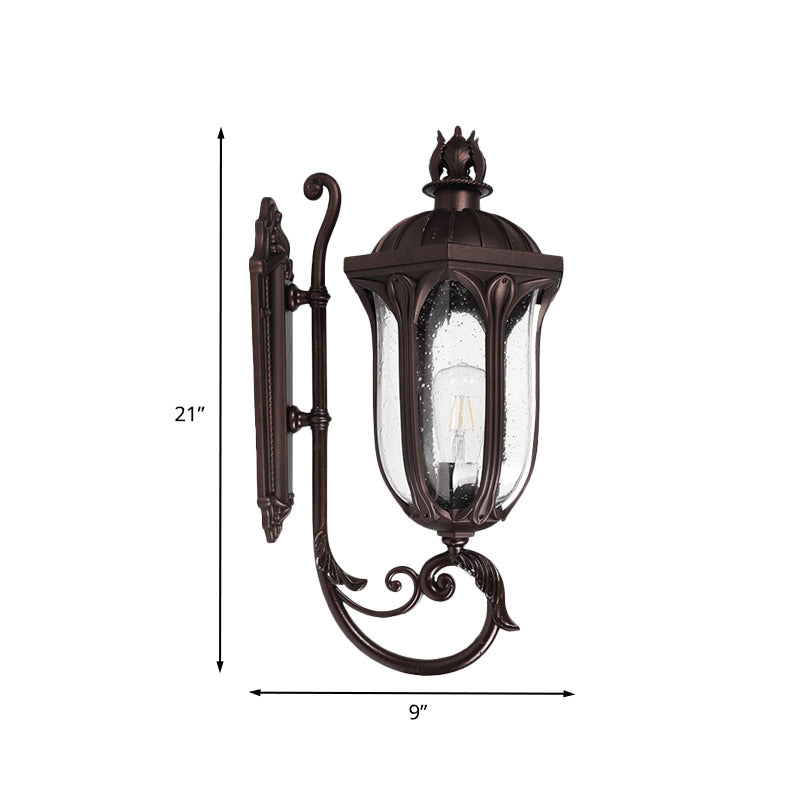 Swooping Arm Seedy Glass Sconce Lodge 1-Head Courtyard Wall Light Fixture in Dark Coffee