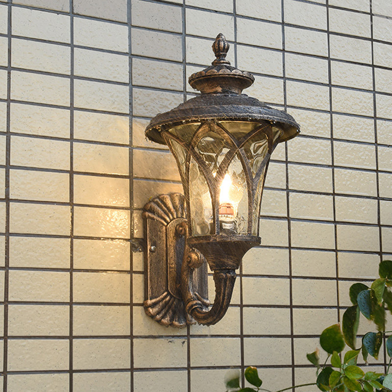Arch Water Glass Wall Light Rural 1-Head Courtyard Wall Sconce Lighting Fixture in Black/Bronze
