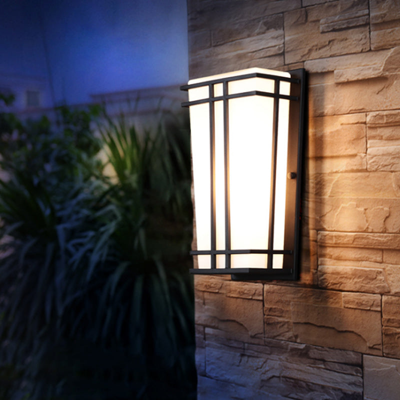 White Glass Trapezoid Flush Mount Wall Light Rustic 1 Light Patio Wall Lighting Ideas in Textured Black