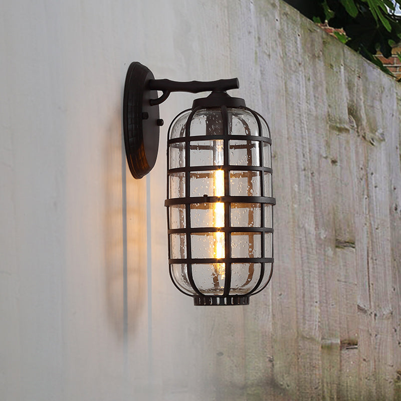 Lantern Courtyard Wall Mount Lamp Farmhouse Clear Bubble Glass 1 Bulb Black/Coffee Wall Lighting Ideas with Metal Cage