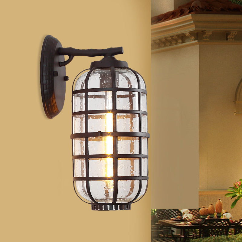 Lantern Courtyard Wall Mount Lamp Farmhouse Clear Bubble Glass 1 Bulb Black/Coffee Wall Lighting Ideas with Metal Cage