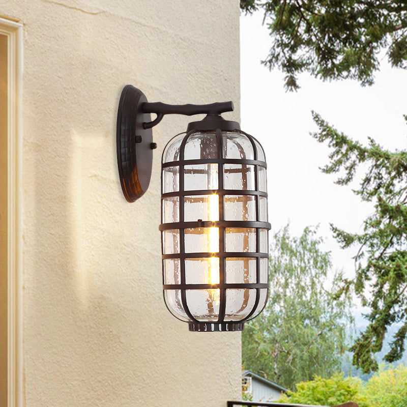 Lantern Courtyard Wall Mount Lamp Farmhouse Clear Bubble Glass 1 Bulb Black/Coffee Wall Lighting Ideas with Metal Cage