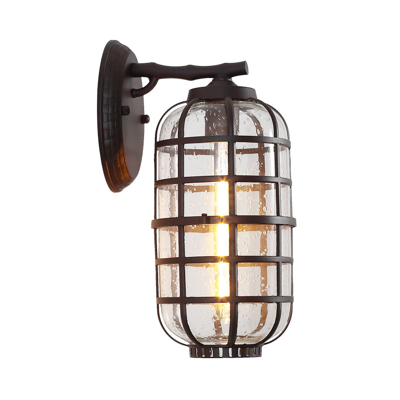 Lantern Courtyard Wall Mount Lamp Farmhouse Clear Bubble Glass 1 Bulb Black/Coffee Wall Lighting Ideas with Metal Cage