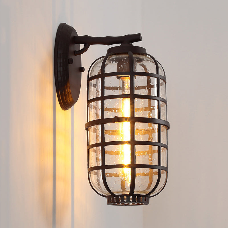 Lantern Courtyard Wall Mount Lamp Farmhouse Clear Bubble Glass 1 Bulb Black/Coffee Wall Lighting Ideas with Metal Cage