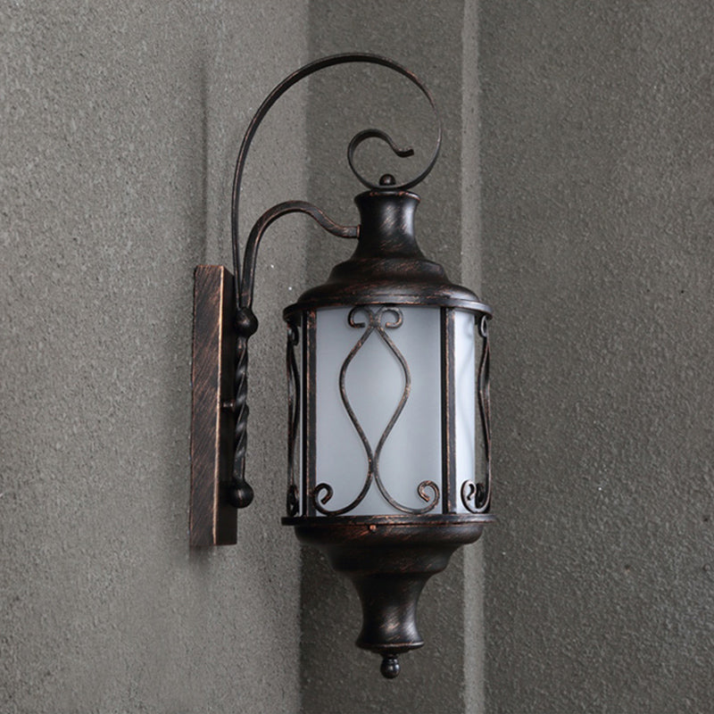 Opal Glass Lantern Wall Mounted Light Traditional 1-Light Patio Wall Lighting Ideas in Black/Rust