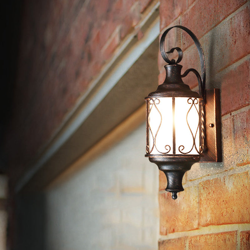 Opal Glass Lantern Wall Mounted Light Traditional 1-Light Patio Wall Lighting Ideas in Black/Rust