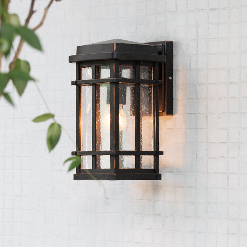 Lámpara de pared rectangular de vidrio transparente Seedy de granja con 1 bombilla negra y marco de metal