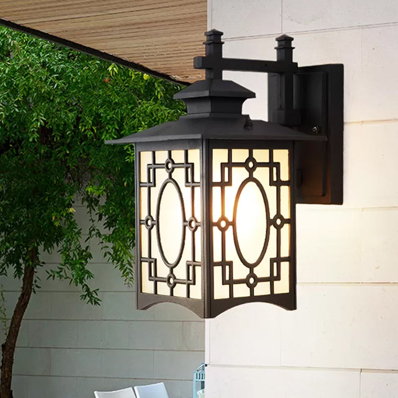 1 hoofd Frosted glazen wandverlichting Rustiek zwart/bronzen lantaarnvormige Courtyard SCONCE LICHT