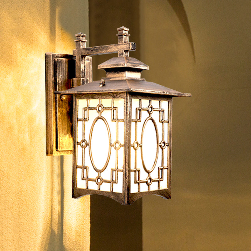 1 hoofd Frosted glazen wandverlichting Rustiek zwart/bronzen lantaarnvormige Courtyard SCONCE LICHT