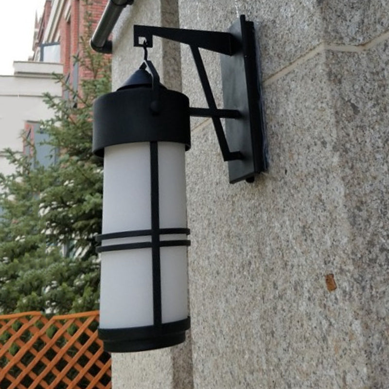 Cylindrical Stairs Wall Lighting Fixture Classic Cream Glass 1 Light Black Finish Sconce Light