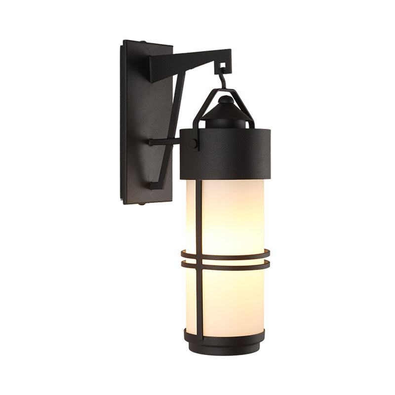 Cylindrical Stairs Wall Lighting Fixture Classic Cream Glass 1 Light Black Finish Sconce Light