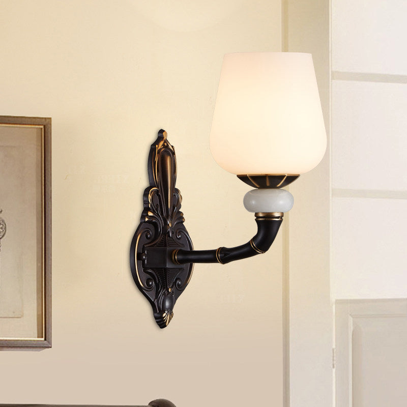 Black and Gold Cup-Shape Wall Lighting Traditional Opal Glass 1/2-Head Indoor Wall Lamp
