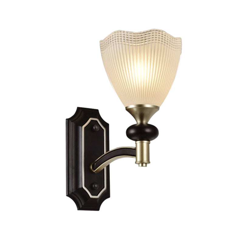 Latticed Translucent Glass Cone Up Wall Lamp Farmhouse 1/2 Light Indoor Wall Mount Lighting in Black and Gold