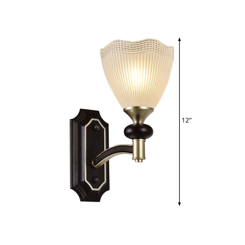 Latticed Translucent Glass Cone Up Wall Lamp Farmhouse 1/2 Light Indoor Wall Mount Lighting in Black and Gold