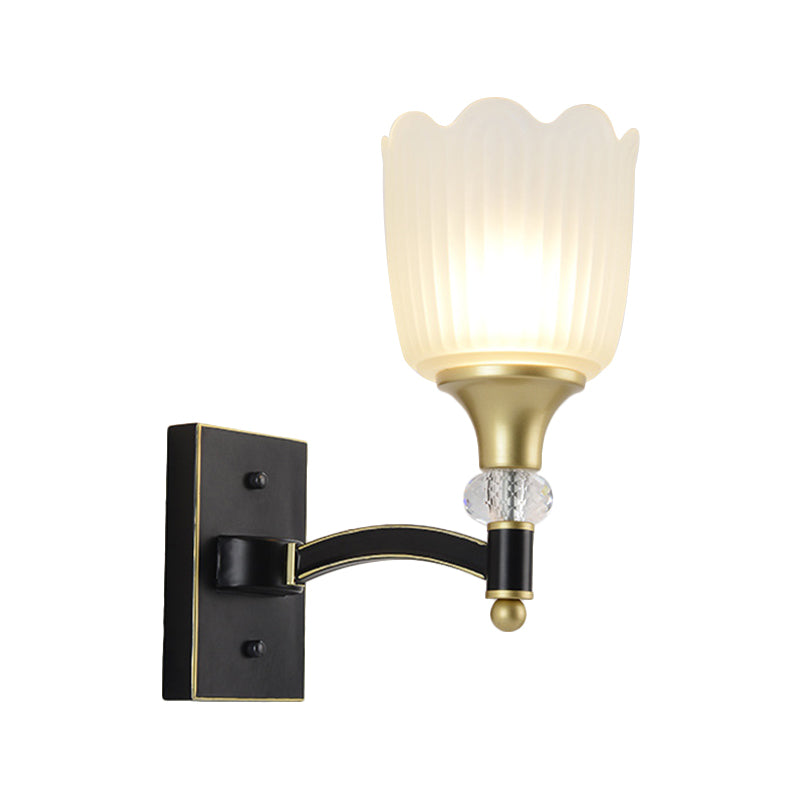 Farmhouse Scalloped Floral Wall Lighting 1/2 Heads Opal Glass Wall Mount Lamp in Black and Gold
