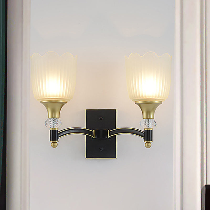 Farmhouse Scalloped Floral Wall Lighting 1/2 Heads Opal Glass Wall Mount Lamp in Black and Gold