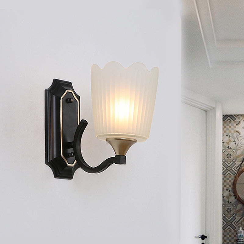 1/2-Light Scalloped Cup Wall Light Sconce Vintage Black Finish Frosted Glass Wall Mount Lamp