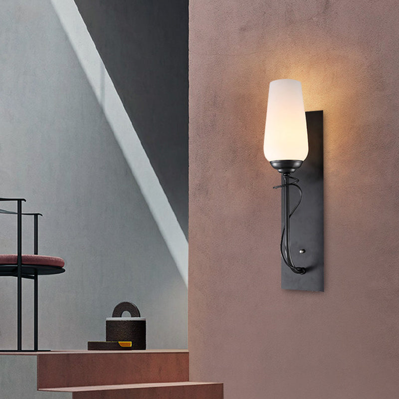 Single Light Wall Sconce Lamp Rustic Conical White Glass Wall Mounted Light Fixture in Black