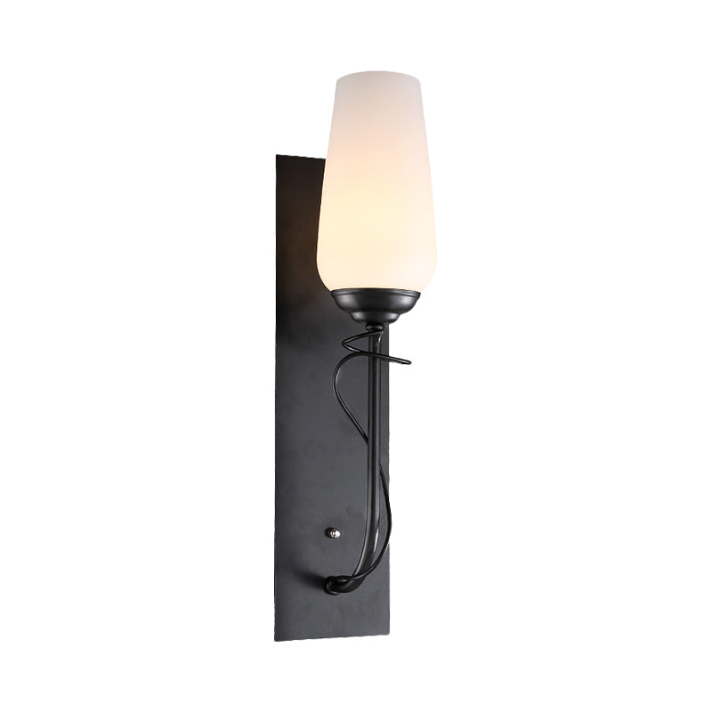 Single Light Wall Sconce Lamp Rustic Conical White Glass Wall Mounted Light Fixture in Black