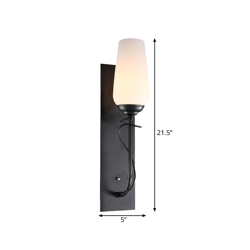 Single Light Wall Sconce Lamp Rustic Conical White Glass Wall Mounted Light Fixture in Black