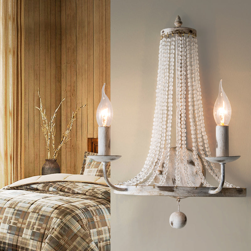 Basket Crystal Strand Wall Lighting Countryside 2-Light Bedroom Sconce Lamp in White with Candle Design