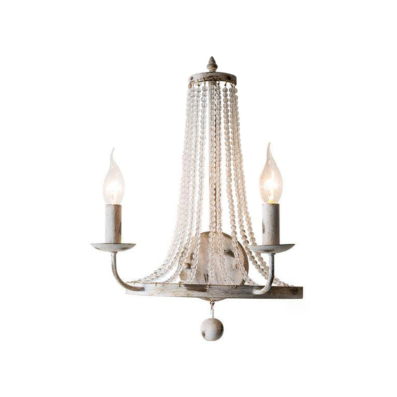 Basket Crystal Strand Wall Lighting Countryside 2-Light Bedroom Sconce Lamp in White with Candle Design