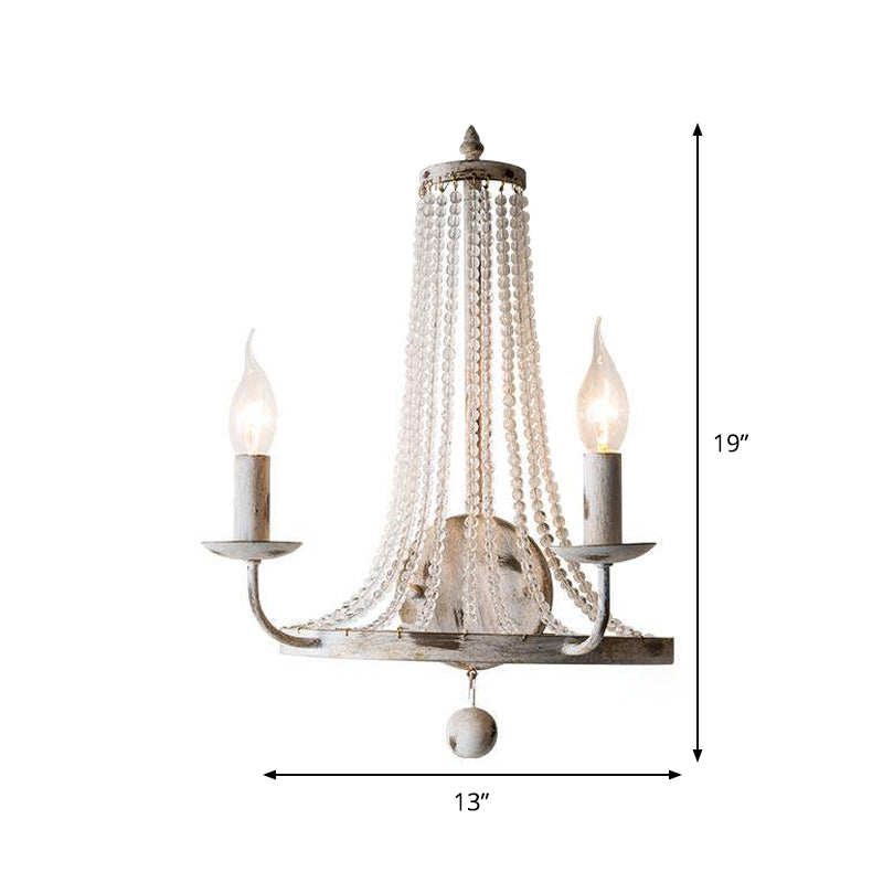 Basket Crystal Strand Wall Lighting Countryside 2-Light Bedroom Sconce Lamp in White with Candle Design