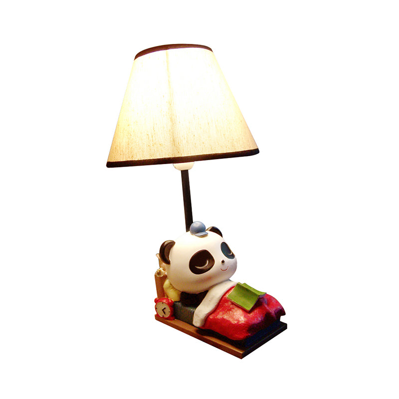 Sleeping Panda Bear Resin Table Light Cartoon 1 Head Black-White Nightstand Lamp with Cone Fabric Lamp Shade