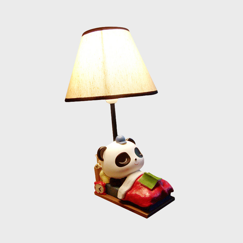 Sleeping Panda Bear Resin Table Light Cartoon 1 Head Black-White Nightstand Lamp with Cone Fabric Lamp Shade